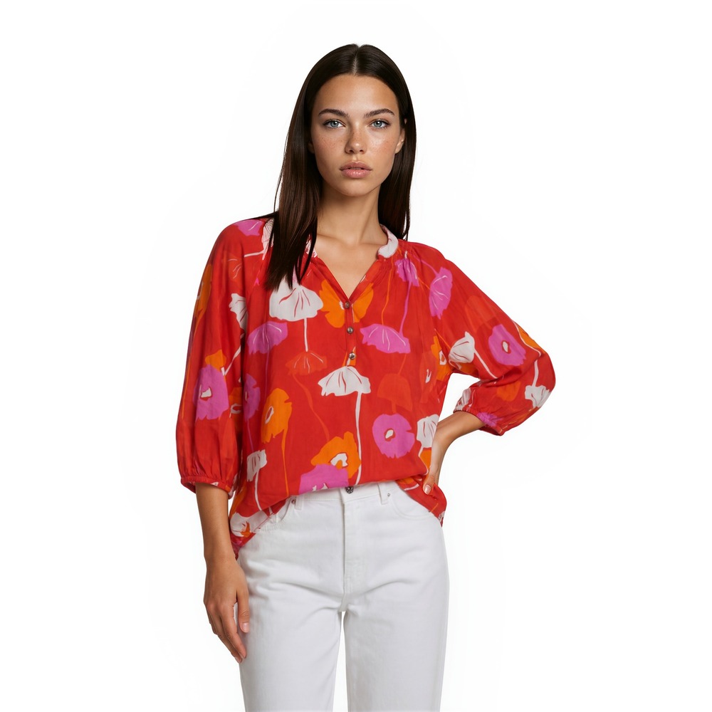 Escapada Henley Blouse Top Women's Size Medium Red Floral Smocked Rayon Breezy